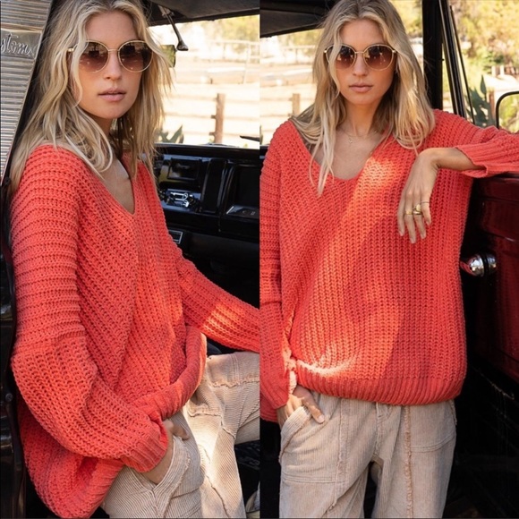 Orange Loose Knit V - Neck Gorgeous Sweater - Picture 2 of 7